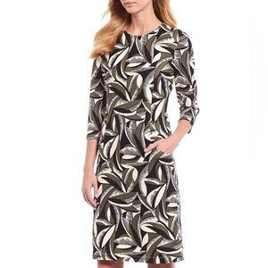 J. McLaughlin Catalyst Dress 3/4 Sleeve Black Beige Pop Feather Size Medium M
